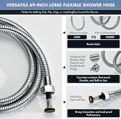 Adjustable Shower Slide Bar with 5-Function Handheld Shower Head, Stainless Steel Grab Slide Bar Combo with Extra Hose (Chrome)