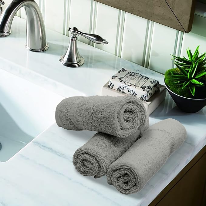 Luxury Hotel & Spa Quality, 100% Turkish Cotton 700 GSM Cloth, for Body wash, Makeup Remover & Facial Cleaning, Baby, face, loofah, Dobby Border Soft washcloths Towel Set 13" X 13", Gray, Set of 12