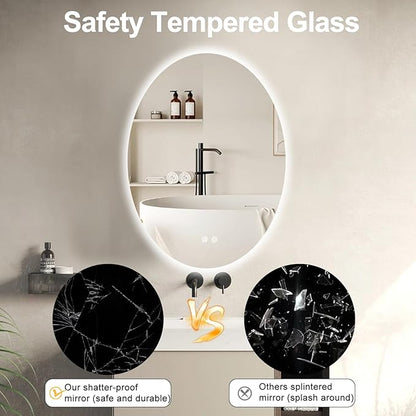 28 X 20 Inch Oval Backlit LED Bathroom Mirror Anti-Fog 3 Colors Light Dimmable Wall Mounted Lighted Bathroom Vanity Mirror Smart Makeup Mirror with Touch Switch