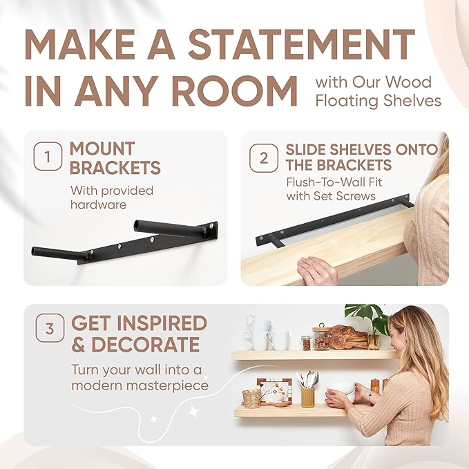 Homeforia 36 inch Wood Floating Shelves, High End Solid Natural Wood 36inch Large Floating Shelf Bathroom, Unfinished Wooden Floating Shelves for Wall, Heavy Duty Bracket, 36 X 6.5 X 1.75 in, Set of 3