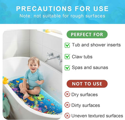 Upgrade Cartoon Baby Bath Mat Non Slip - 40"x16" Extra Long Bathtub Mat for Baby Eco Friendly Durable Bath Mat for Tub Non Slip Kids Tub Mat with Suction Cups, Machine Washable and No Fading, Turtle