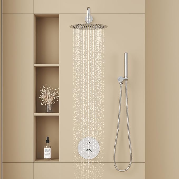BESy Shower System with 10 Inch Round Rain Shower Head and Handheld Wall Mounted, High Pressure Rainfall Shower Faucet Fixture Combo Set with 2 in 1 Handheld Showerhead for Bathroom, Polished Chrome