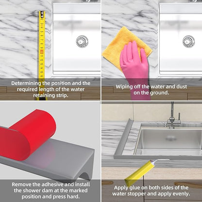98Inch Collapsible Shower Threshold Water Dam Barrier, Self Adhesive Silicone Waterproof Shower Barrier Water Strip Dam for The Gap Between the Shower Kitchen Countertop Sink and Cooktop