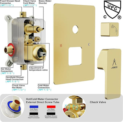 Shower System 12IN Modern Rain Brass Faucet Set With Valve and Diverter Shower Mixer With Handheld High Pressure Square Rainfall Shower Valve (12'' Ceiling Mount, Brushed Gold)