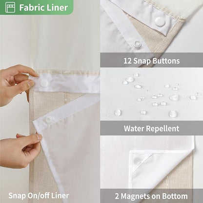 No Hook Long Shower Curtain Set with Snap-in Fabric Liner,Linen Textured Thick Striped Fabric with Tassels,Boho Farmhouse Rustic Luxury Bathroom Curtain,Water-Repellent,Cream/Beige,71x80