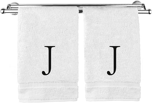 Monogrammed Hand Towel, Personalized Initial Gift, Extra Absorbent 100% Turkish Cotton - Soft Terry Finish - Set of 2 - Black Block Initial J - Embroidered on White Towels