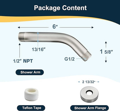 BRIGHT SHOWERS 6 Inch Brass Shower Arm with Flange Shower Pipe Arm for Wall Mount Fixed and Handheld Shower Head, Brushed Nickel