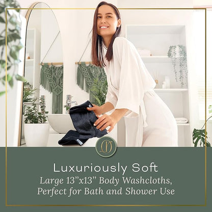 Charcoal Grey Extra Large Washcloths Set of 6 Soft Body Cloths 13” x 13” 70% Viscose Derived from Bamboo, 30% Cotton Spa-Like Feel Silky for Skin Cleansing