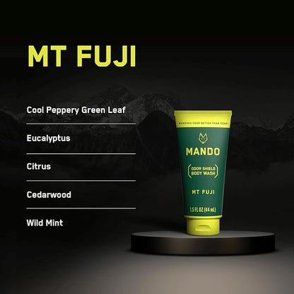 Mando Mini Body Wash - 24 Hour Odor Control - Removes Odor Better than Soap - 1.5 Ounce Tubes (Pack of 4, in 4 scents: Bourbon Leather, Pro Sport, Mt Fuji, Unscented)