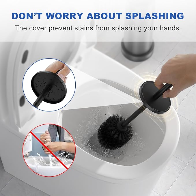 Black Toilet Brush and Holder Set, 304 Stainless Steel Heavy Duty Toilet Bowl Brush and Holder with Long Handle, Removable Inner Bowl and Splash Protection Modern Toilet Cleaner Brush for Bathroom