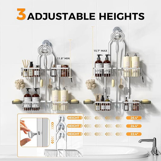 REINHARDT Aluminum Shower Caddy Hanging Adjustable Shower Caddy, Rustproof Hanging Shower Organizer with Hooks Soap Holders, Over Shower Head Caddy for Handheld Showerhead, Silver