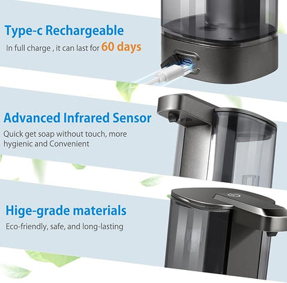 Automatic Liquid Soap Dispenser, Rechargeable, Touchless, 17oz/500ml with 4 Adjustable Soap Levels, Wall Mount & Waterproof, Liquid Hand/Dish Soap Dispenser for Bathroom Kitchen