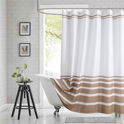 Beige and White Striped Shower Curtain 72x78 Inches, Waterproof Fabric with Modern Gradient Lines, 12 Rustproof Grommets & Weighted Hem