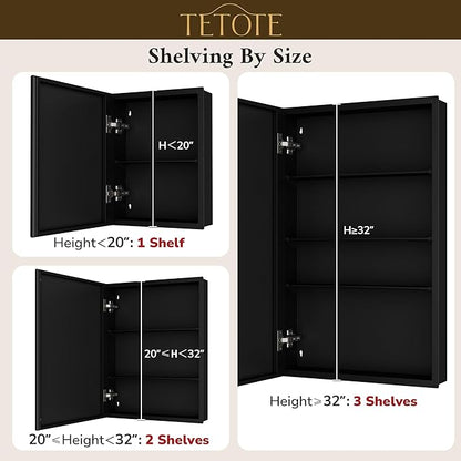 TETOTE 15 x 26 Medicine Cabinet with Tempered Beveled Mirror Black Bathroom Mirror with Storage Aluminum Cabinet DTC Hinges, Stepless Adjustable Shelves, Recessed/Surface-Mounted