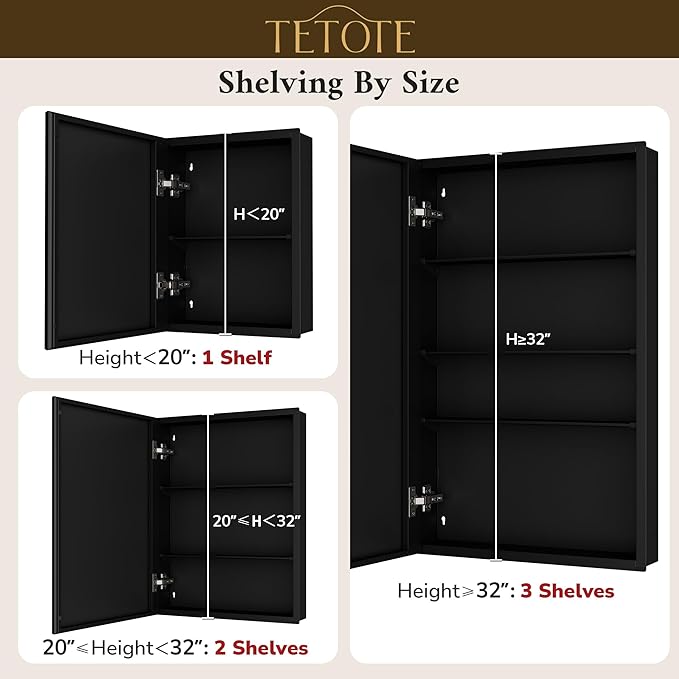 TETOTE 36 x 24 Bathroom Vanity Mirror Cabinet with Tempered Beveled Mirror Black Medicine Cabinet Aluminum Cabinet DTC Hinges, Stepless Adjustable Shelves, Recessed/Surface-Mounted
