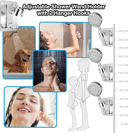 Shower Head Holder,Adjustable Handheld Shower Wand Holder with 2 Hanger Hooks,Strong Adhesive Shower Holder Wall Mount Bracket,Shower Bracket Holder for Home,Bathroom,No Drilling Need