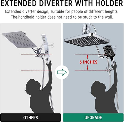 13 Inch Filtered Rainfall Shower Head with Multi-Function Handheld Sprayer Combo, 3-Way Metal Extended Diverter with Holder and Metal Adjustable Curved Shower Extension Arm, Extra Long Hose Chrome
