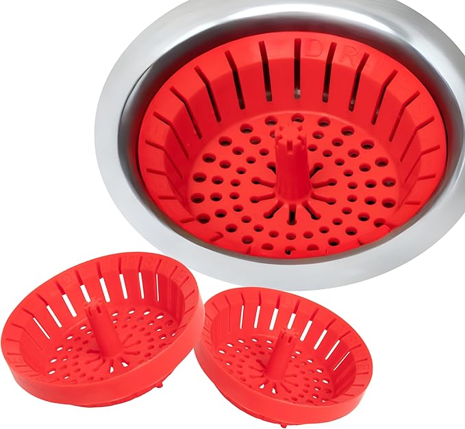 Kitchen Sink Strainer 3.25" - Dripsie Anti-Clog Food Catcher, Flexible Drain Basket, Dishwasher Safe, Standard Fit, Made in USA (3-Pack Red)