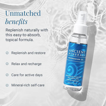 Ancient Minerals Magnesium Oil Spray Bottle of Pure Genuine Zechstein Magnesium Chloride - Topical Magnesium for Skin Application (8oz)