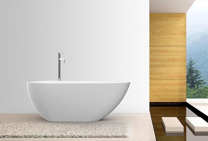 67 in Solid Surface Freestanding Bathtub, Contemporary Oval Shape Soaking Tub, Egg Shell Stone Resin Stand Alone Bathtub With Pop-Up Drain and Overflow, Cupc Certified,Matte White
