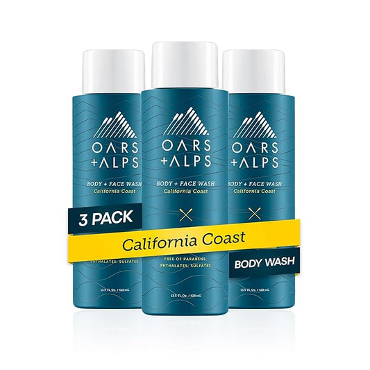 Oars + Alps Body and Face Wash for Men, Mens Body Wash & Face Cleanser with Vitamin E and Antioxidants, Moisturizing, Hydrating, Paraben & Sulfate Free Cleanser, California Coast, 3pk