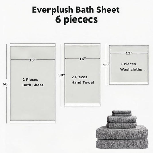 Everplush Diamond Collection 6-Piece Bath Sheet Towel Set, Soft Plush Jacquard Luxury Bath Towels,Highly Absorbent & Fast-Drying Luxury Towels Sets for Bathroom,Shower, or Spa (Grey, Bath Sheet 6PK)