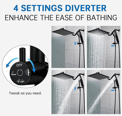 G-Promise Metal Shower Diverter with Low Handheld Holder, 3-Way Diverter Valve with Pause Mode for Handheld and Fixed Shower Head, 4-Settings Universal Bathing System Replacement Part(Matte Black)