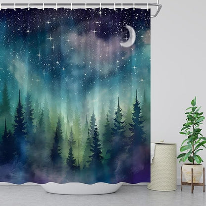 Forest Moon Shower Curtain Watercolor Misty Forest Fantasy Starry Sky Galaxy Nature Gothic Scenery Abstract Outdoor Bathroom Decor Curtains with Hooks, Purple 70" L x 47" W