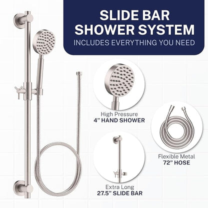 HammerHead Showers® SOLID METAL 27.5 Inch Shower Slide Bar Set and Handheld Shower Head with Hose — BRUSHED NICKEL — 1.75 GPM Low Flow Spray Wand — Easily Adjust Height & Angle of Handshower