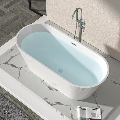 Logmey 67 Inch Freestanding Bathtub White Acrylic Oval Shape Soaking Tub with Chrome Drain & Overflow Assembly for Classic and Modern Bathrooms