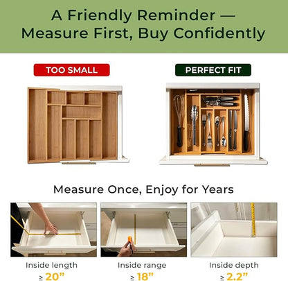 Carbonized Bamboo Kitchen Drawer Organizer, 10 Slots Expandable Silverware Organizer, Utensil Holder & Cutlery Tray, 2.2" Deep for Extra Capacity, Non-Slip Feet Included