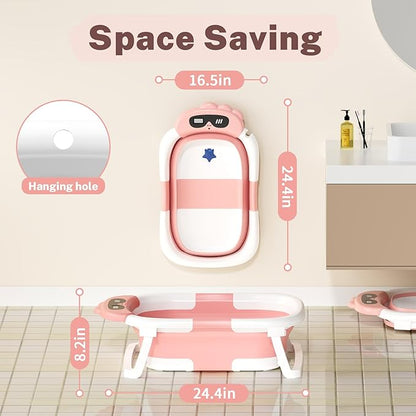 AVIDOR Baby Bathtub,Collapsible Bathtub for Newborn to Toddler,Durable Essential Infant Bath Tub,Portable Travel Baby Tub with Soft Bath Net,No-Slip Feet and Dinosaur Shaped (Pink)