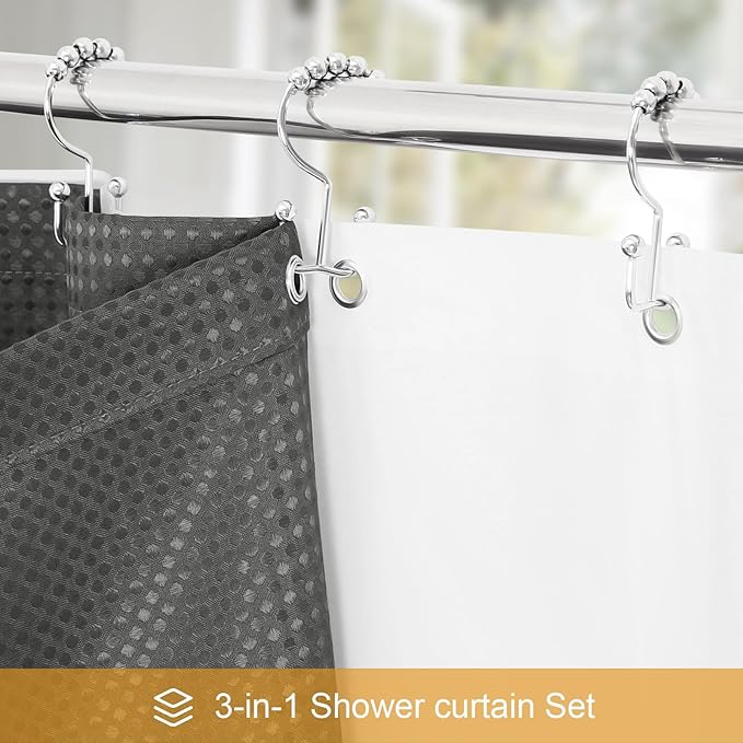 3 in 1 Long Charcoal Grey Shower Curtain Set-72 W x 78 H, Modern Waffle and PEVA Liner Set with 12 Stainless Steel Hooks, Waterproof Fabric for Bathroom