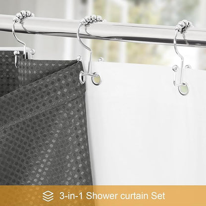 3 in 1 Extra Long Charcoal Grey Shower Curtain Set-72 W x 84 H, Modern Waffle and PEVA Liner Set with 12 Stainless Steel Hooks, Waterproof Fabric for Bathroom
