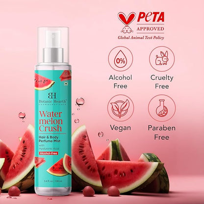 Botanic Hearth Watermelon Hair Perfume & Body Perfume Mist with Hyaluronic Acid, Alcohol-Free, Refreshing & Hydrating Body Spray, Long Lasting Fruity Fragrance, 100 ml / 3.4 fl oz