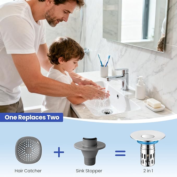 Universal Bathroom Sink Stopper, Pop Up Sink Drain Strainer Plug with Removable Stainless Steel Filter Basket Hair Catcher,Brass Body,Bathroom Bathtub Drain Stopper(2 PCS),Bright Silver