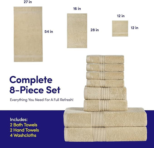 Bath Towels 8 Piece Towel Set – 100% Combed Cotton – Bath + Hand + Washcloths – Oeko-TEX Certified Soft & Absorbent Towels with Durable Double-Stitched Edges for Bathroom or Guest Spa, Beige