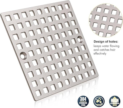 3-7/8" Brushed Nickel Shower Drain Cover - Square Floor Drain Cover Replacement - Hair Catcher/Drain Strainer for Bathrooms, Showers, and Sinks - SUS304 Stainless Steel & CUPC Certified
