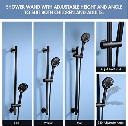Adjustable Shower Slide Bar with 5-Function Handheld Shower Head, Stainless Steel Drill-free Mounted Slide Bar Combo with Extra Hose (Matte Black)