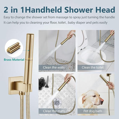 Aolemi Shower Faucet Set, High Pressure Shower System with 2-in-1 Handheld Sprayer, Wall Mount Fixture Combo with Rough-in Valve, 16 Inch Shower Head, Brushed Gold