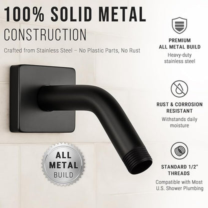 G-Promise All Metal 6-Inch Shower Arm with Flange, Wall-Mounted Stainless Steel Shower Pipe Replacement for Fixed and Handheld Shower Heads, Matte Black
