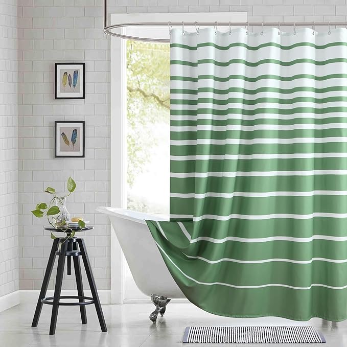 90 Inch Green Shower Curtain, Extra Long Sage Green and White Stripe Waterproof Polyester Shower Curtains for Bathroom, 72x90 Inches
