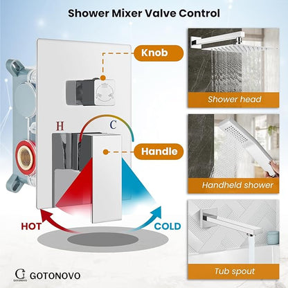 gotonovo Shower System with Tub Spout Wall Mounted Rain Shower Head and Handle Combo Shower Faucet Set with Valve, 12 Inch, Polish Chrome