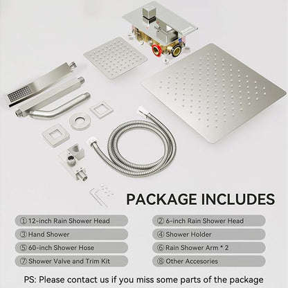 Rain Shower System Brushed Nickel, STARBATH 12+6" Double Rain Shower Head and Handheld Spray for Two Person, Ceiling Mount 3 Way Shower Faucet Set with 5 Diverter Valve and Trim Kit Complete