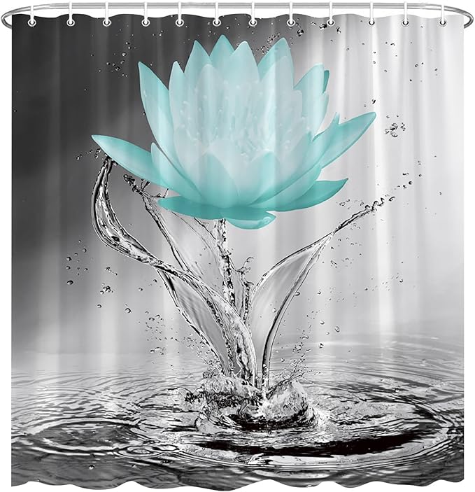 Lotus Shower Curtain Black White Grey Teal Flower Elegant Blooming Floral with Dew Spring Flower Reflection on Water Modern Romantic Polyester Fabric Bathroom Decor 60×70 Inch with Hook