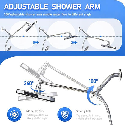Wide Rain Shower Head With 5 Modes Handheld Showerheads, High Pressure Showerhead Combo with Extension Arm for Bathroom Accessories, Adjustable Shower Head with Anti-Clog Nozzles (Chrome)