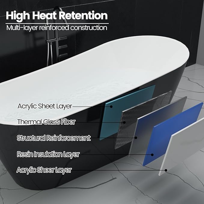 Acrylic Freestanding Bathtub, Soaking Tub, Deep Upright Bathtub with Built-in Drain and Overflow, Contemporary Free Standing, Black Elegant Finish, 67inch