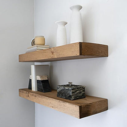 Urbandi Modern Floating Shelves 3 Inches Thick for Wall, Wide Shelves for Kitchen, Living Room, Bedroom, and Bathroom, Natural Pine Wood, Rustic Wooden Shelf, (Set of 2) (Aged Oak, 48Lx3Hx6D)