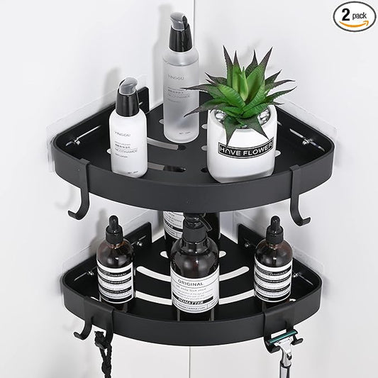 Adhesive Corner Shower Caddy with Hooks,Bathroom Shower Organizer, No Drilling Rust Proof Aluminum Shower Shelf for Inside Shower 2 Pack (Black)