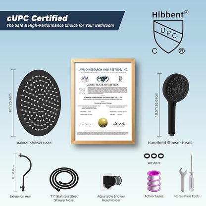 Hibbent All Metal CUPC Certified Shower Head, 10'' High Pressure Rainfall Shower Head, Handheld Showerhead Combo with 12'' Adjustable Extension Arm, 10-Spray, 71'' Hose, Shower Holder, Matte Black